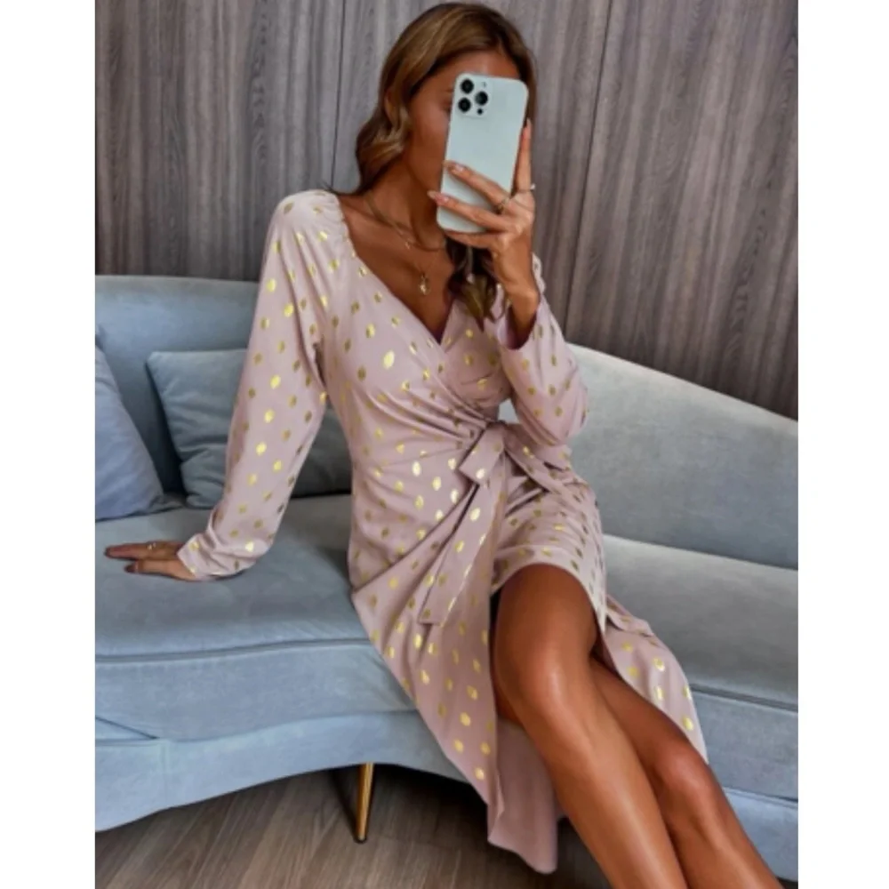 Luxe metallic gold dots wrap knot side party evening formal dress - Picture 13 of 15